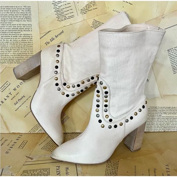 Free People Studded Dakota Heel Boot Leather Slouch Ivory Distressed Leather - Picture 2 of 9